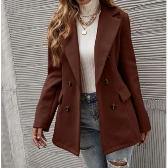 Classic Brown Double Breast Button Up Jacket Coat - Picture 3 of 16